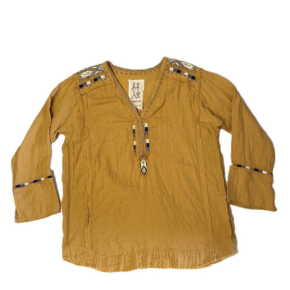 Johnny Was Mars Gauze Tunic Top Sz XL ? Gold Embroidered Aztec Beaded Frayed - Picture 6 of 16